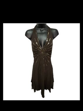 SOLD BCBG Maxazria Halter Dress Brown Gold Sequin Y2K Clubwear Mini 6 Y2K